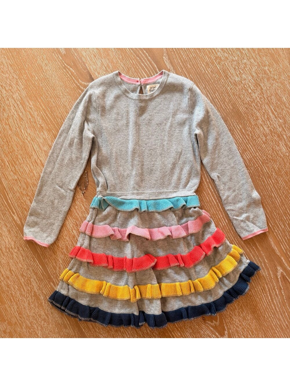 Mini Boden Rainbow Ruffle Sweater Dress Gray Knit Girls 4-5Y EUC